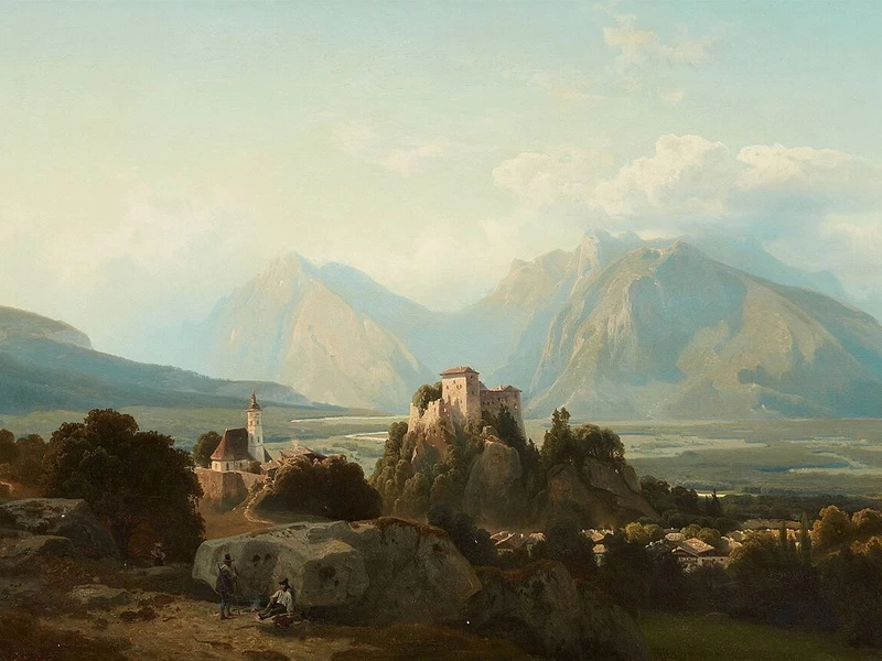 1820-Stanislaus Friedrich Ludwig von Kalckreuth - Paesaggio montano con complesso di castelli (1852)